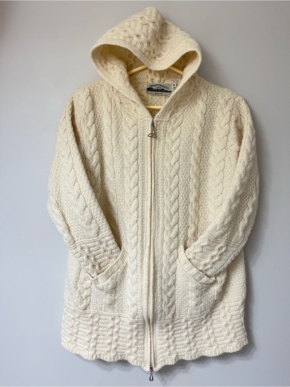 Aran Crafts Ireland 100% Merino Wool Hooded Zip Cardigan / Coatigan - Cream